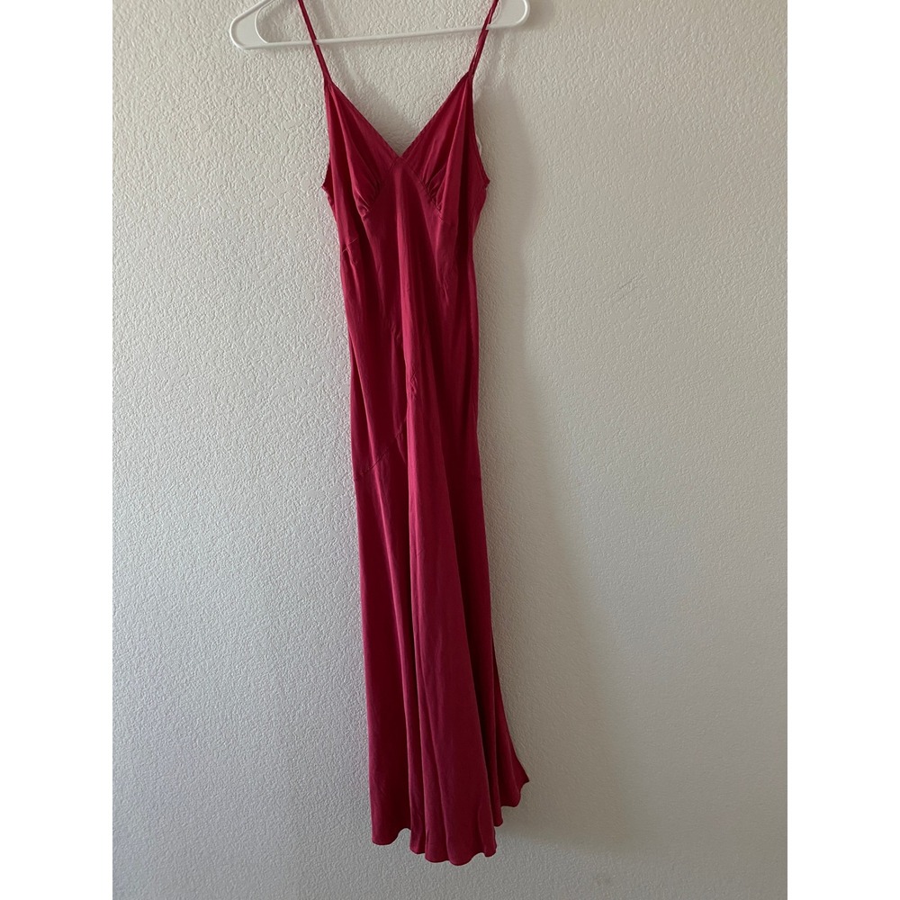 Victorias Secret Silk Long Slip Dress Nightgown Raspberry Red XS V-Back Slit